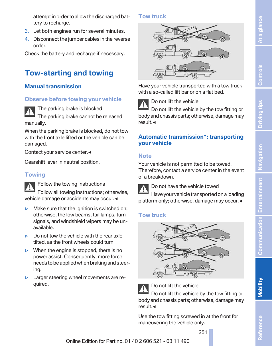 Tow-starting and towing | BMW 650i xDrive Convertible 2012 User Manual | Page 251 / 282