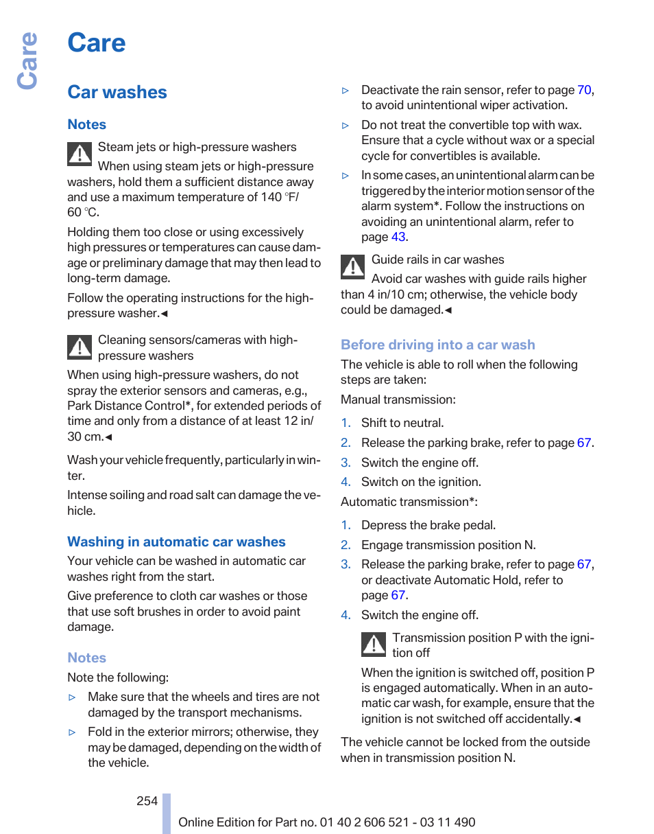 Care, Car washes | BMW 650i xDrive Convertible 2012 User Manual | Page 254 / 282