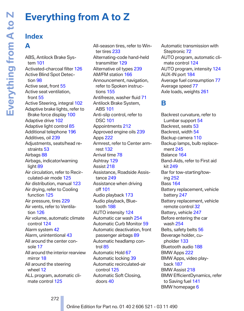 Everything from a to z, Index a | BMW 650i xDrive Convertible 2012 User Manual | Page 272 / 282