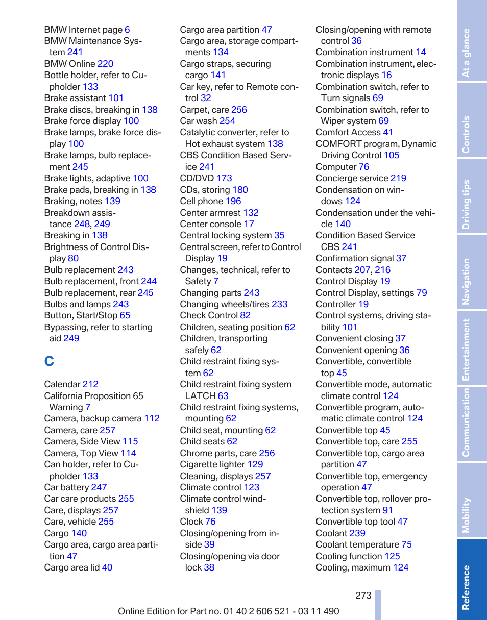 BMW 650i xDrive Convertible 2012 User Manual | Page 273 / 282