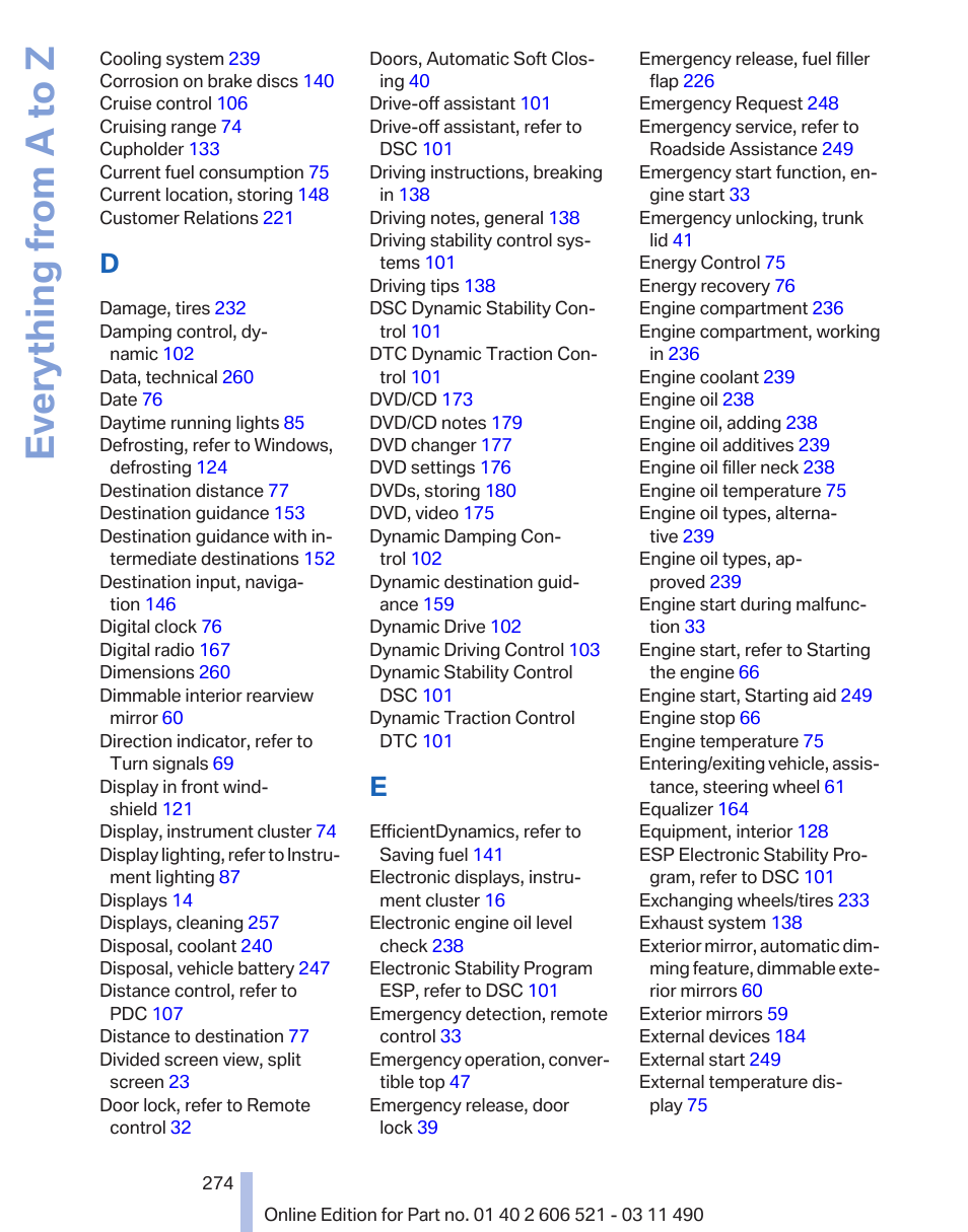 Everything from a to z | BMW 650i xDrive Convertible 2012 User Manual | Page 274 / 282