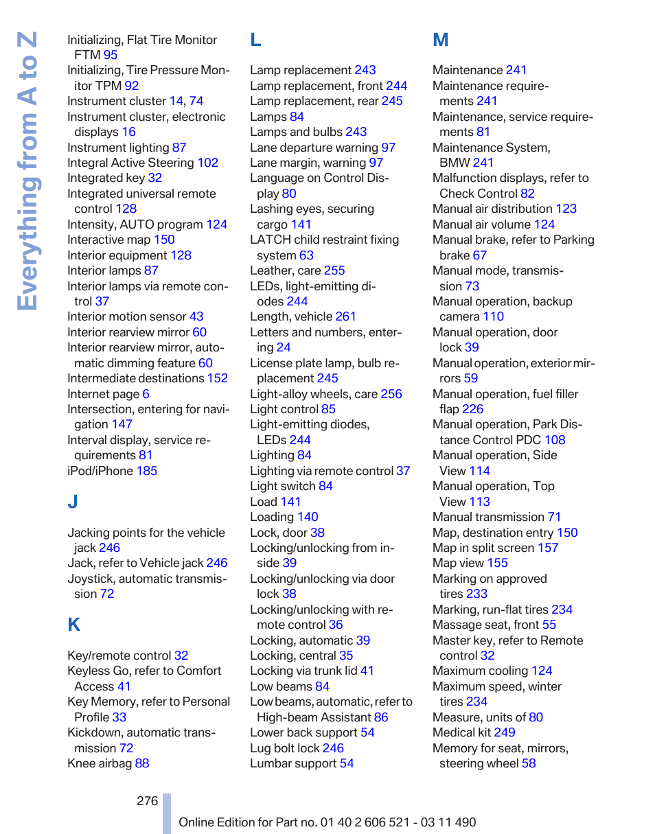 Everything from a to z | BMW 650i xDrive Convertible 2012 User Manual | Page 276 / 282