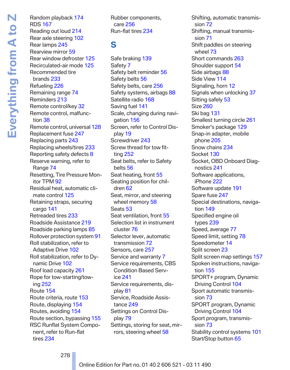 Everything from a to z | BMW 650i xDrive Convertible 2012 User Manual | Page 278 / 282