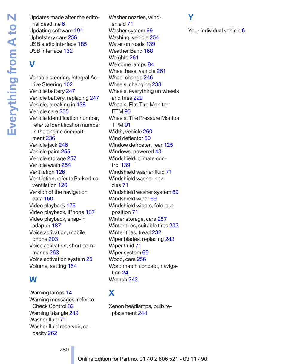 Everything from a to z | BMW 650i xDrive Convertible 2012 User Manual | Page 280 / 282