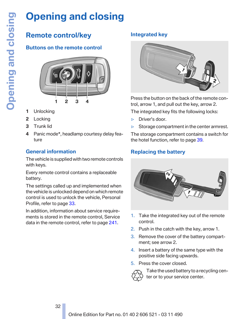 Opening and closing, Remote control/key | BMW 650i xDrive Convertible 2012 User Manual | Page 32 / 282