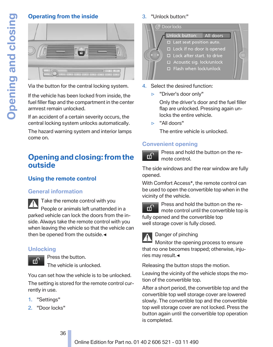 Opening and closing: from the outside, Opening and closing | BMW 650i xDrive Convertible 2012 User Manual | Page 36 / 282