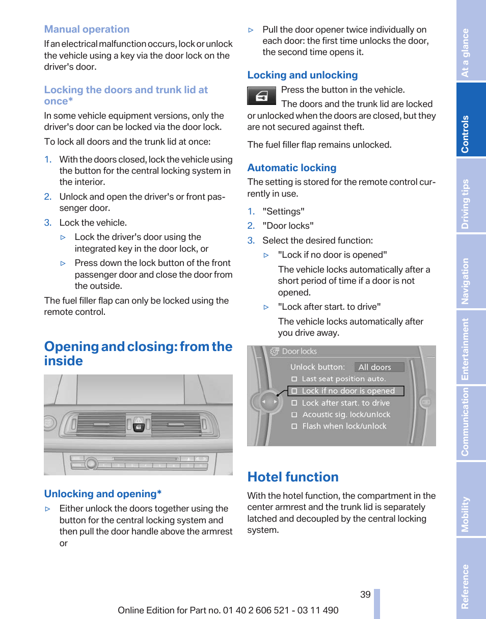 Opening and closing: from the inside, Hotel function, After | BMW 650i xDrive Convertible 2012 User Manual | Page 39 / 282