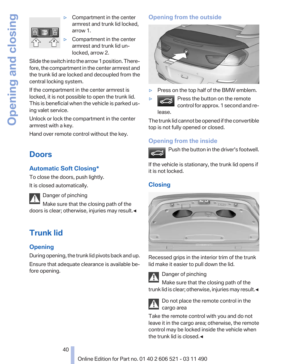 Doors, Trunk lid, Opening and closing | BMW 650i xDrive Convertible 2012 User Manual | Page 40 / 282