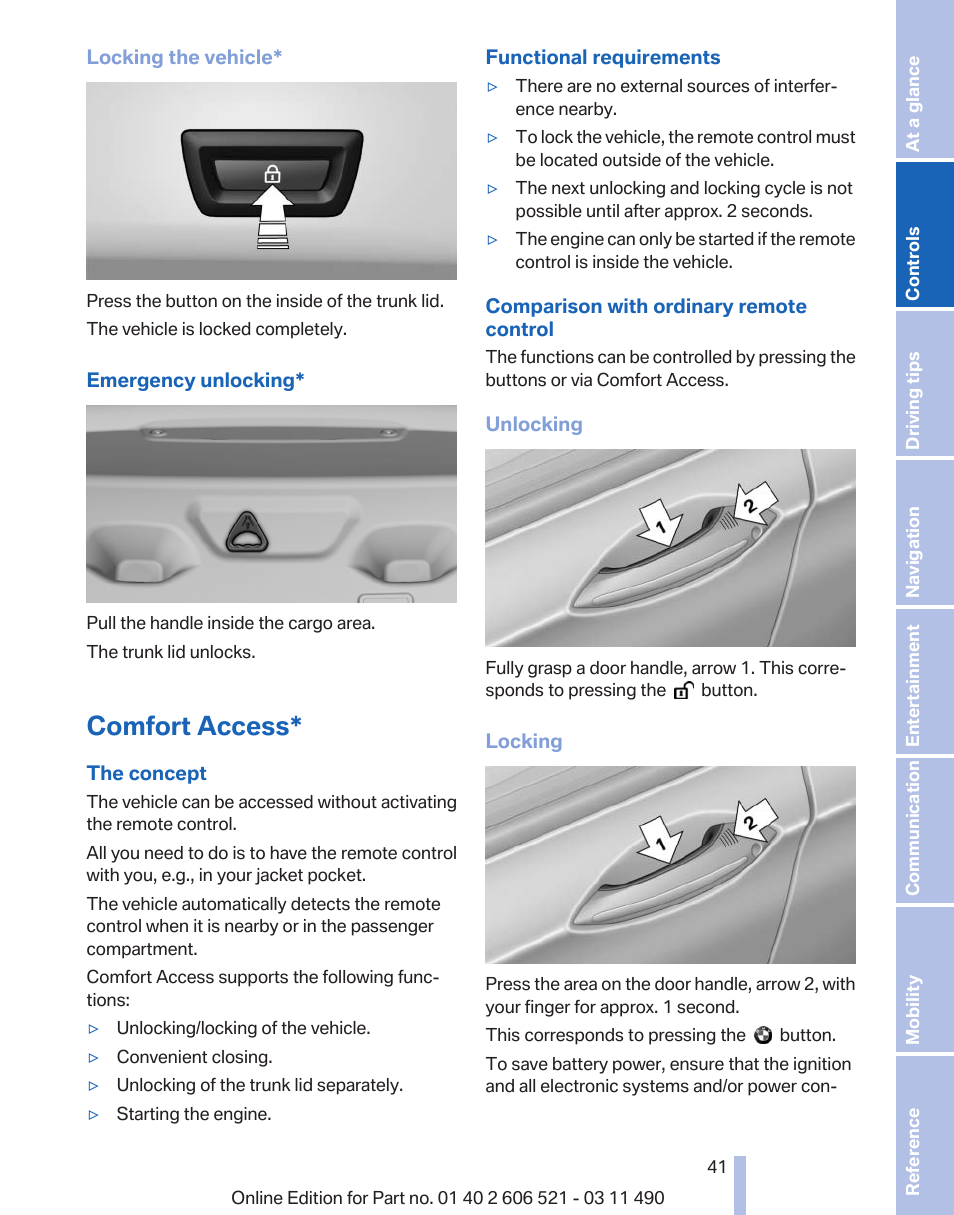 Comfort access | BMW 650i xDrive Convertible 2012 User Manual | Page 41 / 282