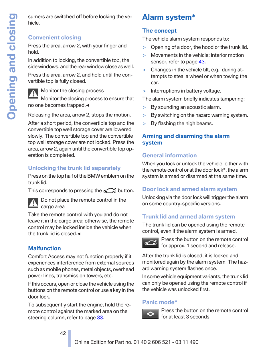 Alarm system, Opening and closing | BMW 650i xDrive Convertible 2012 User Manual | Page 42 / 282