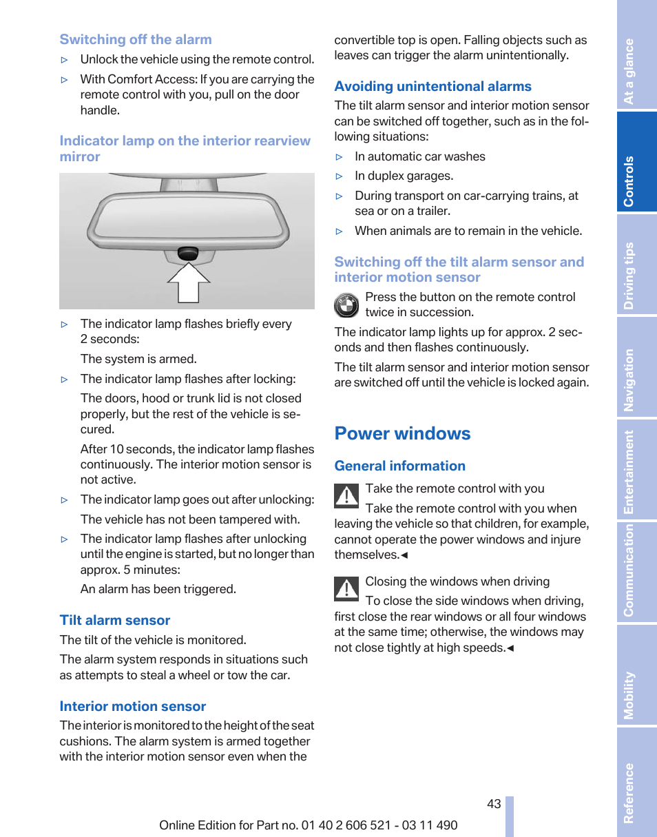 Power windows, Open and close front windows | BMW 650i xDrive Convertible 2012 User Manual | Page 43 / 282