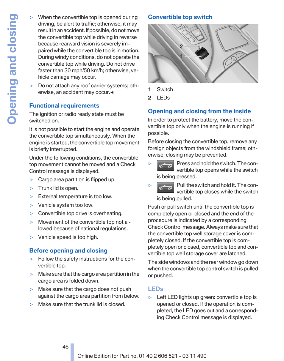 Opening and closing | BMW 650i xDrive Convertible 2012 User Manual | Page 46 / 282