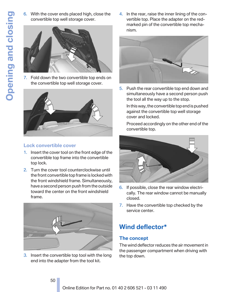 Wind deflector, Opening and closing | BMW 650i xDrive Convertible 2012 User Manual | Page 50 / 282