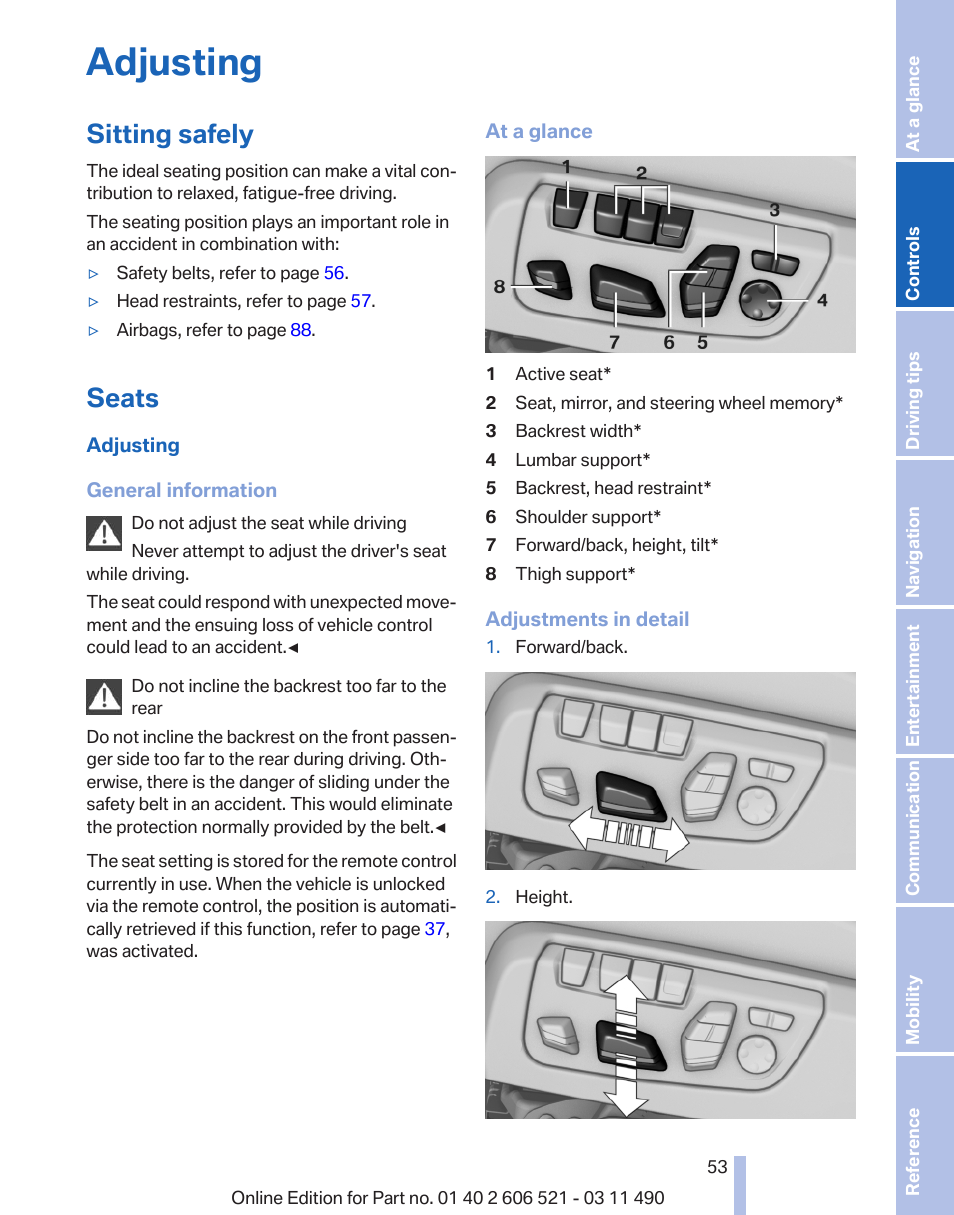 Adjusting, Sitting safely, Seats | BMW 650i xDrive Convertible 2012 User Manual | Page 53 / 282