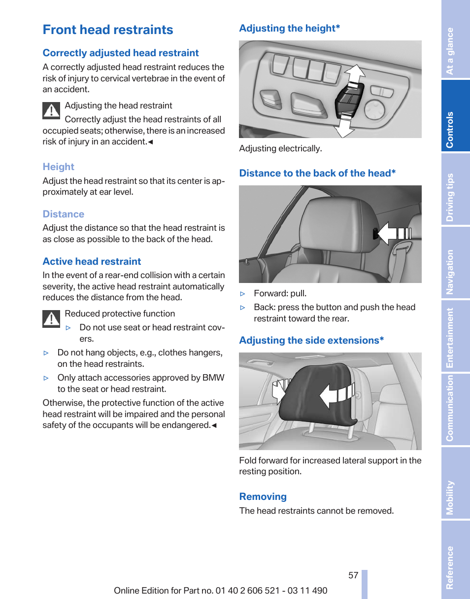 Front head restraints | BMW 650i xDrive Convertible 2012 User Manual | Page 57 / 282