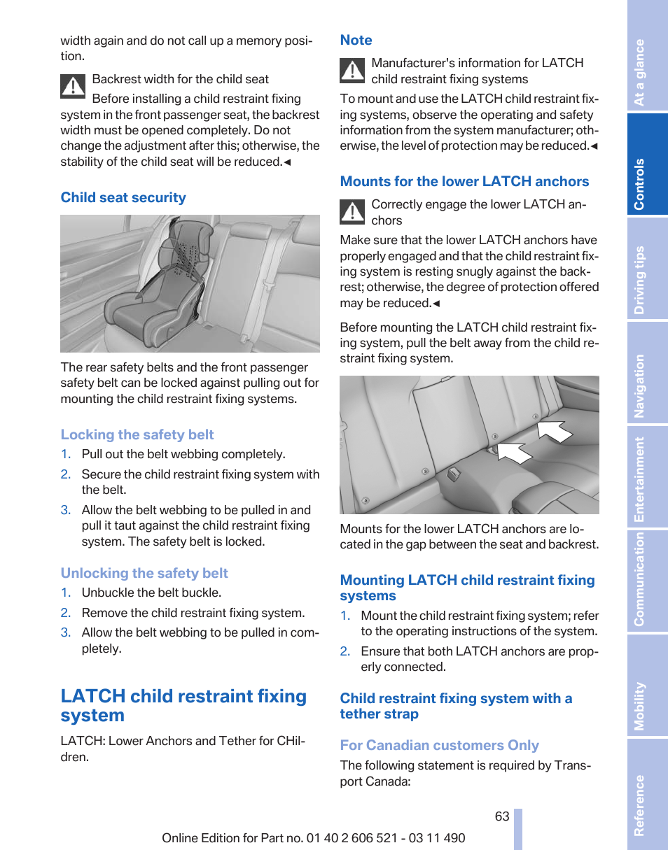 Latch child restraint fixing system | BMW 650i xDrive Convertible 2012 User Manual | Page 63 / 282