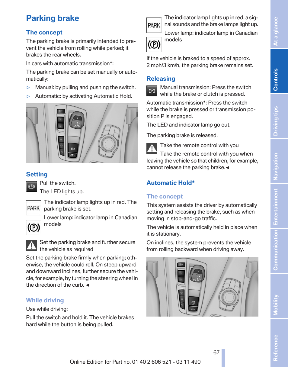 Parking brake, Automatic hold | BMW 650i xDrive Convertible 2012 User Manual | Page 67 / 282