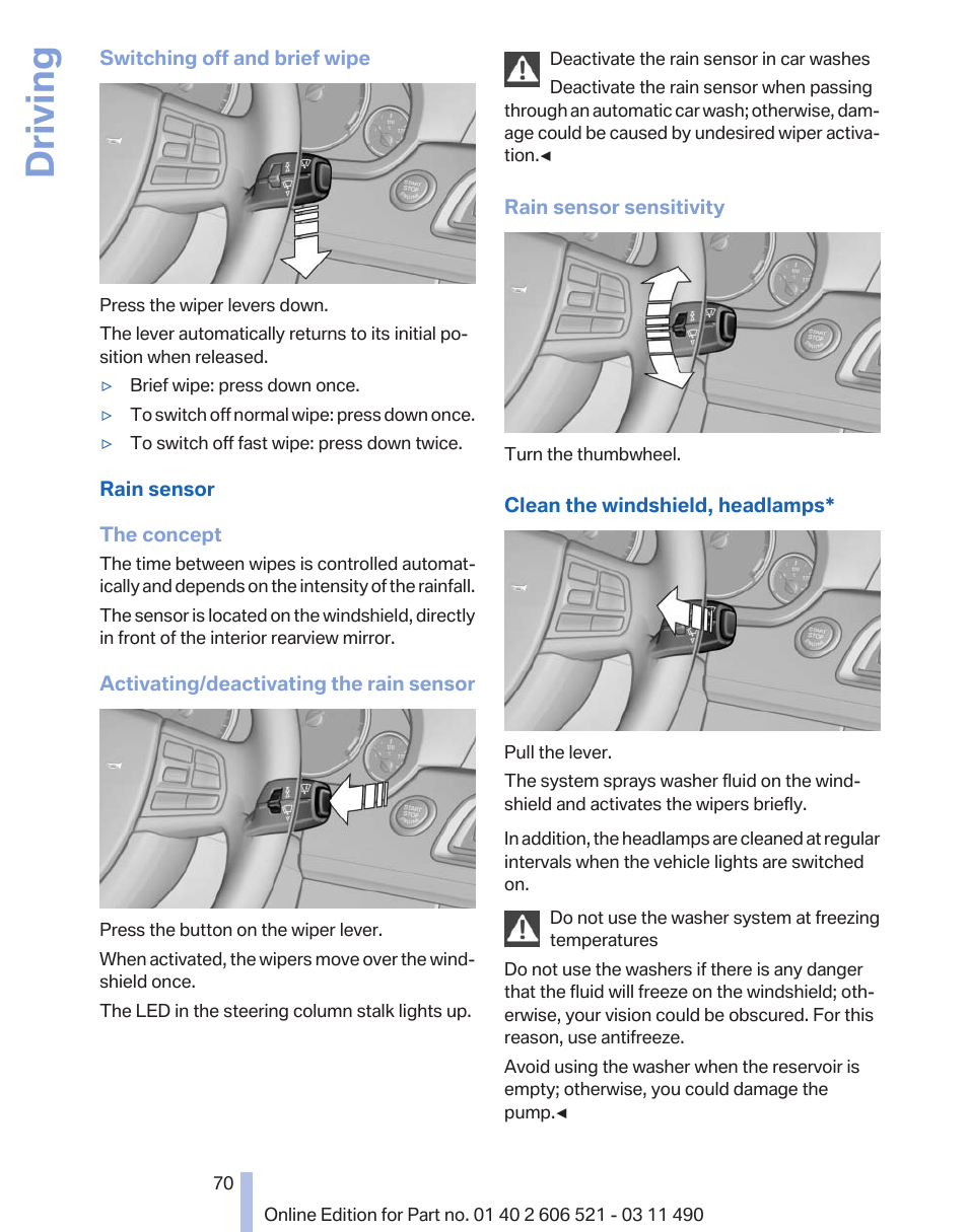 Rain sensor, Driving | BMW 650i xDrive Convertible 2012 User Manual | Page 70 / 282