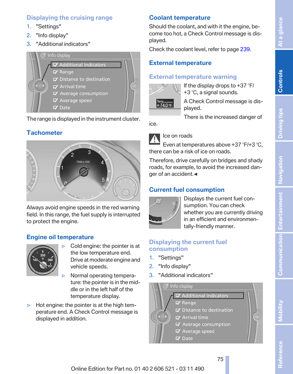 Tachometer | BMW 650i xDrive Convertible 2012 User Manual | Page 75 / 282