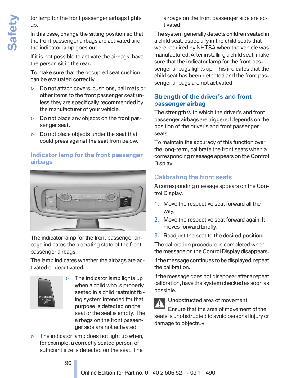 Airbag, Safety | BMW 650i xDrive Convertible 2012 User Manual | Page 90 / 282