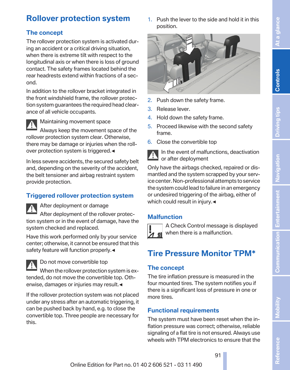 Rollover protection system, Tire pressure monitor tpm | BMW 650i xDrive Convertible 2012 User Manual | Page 91 / 282