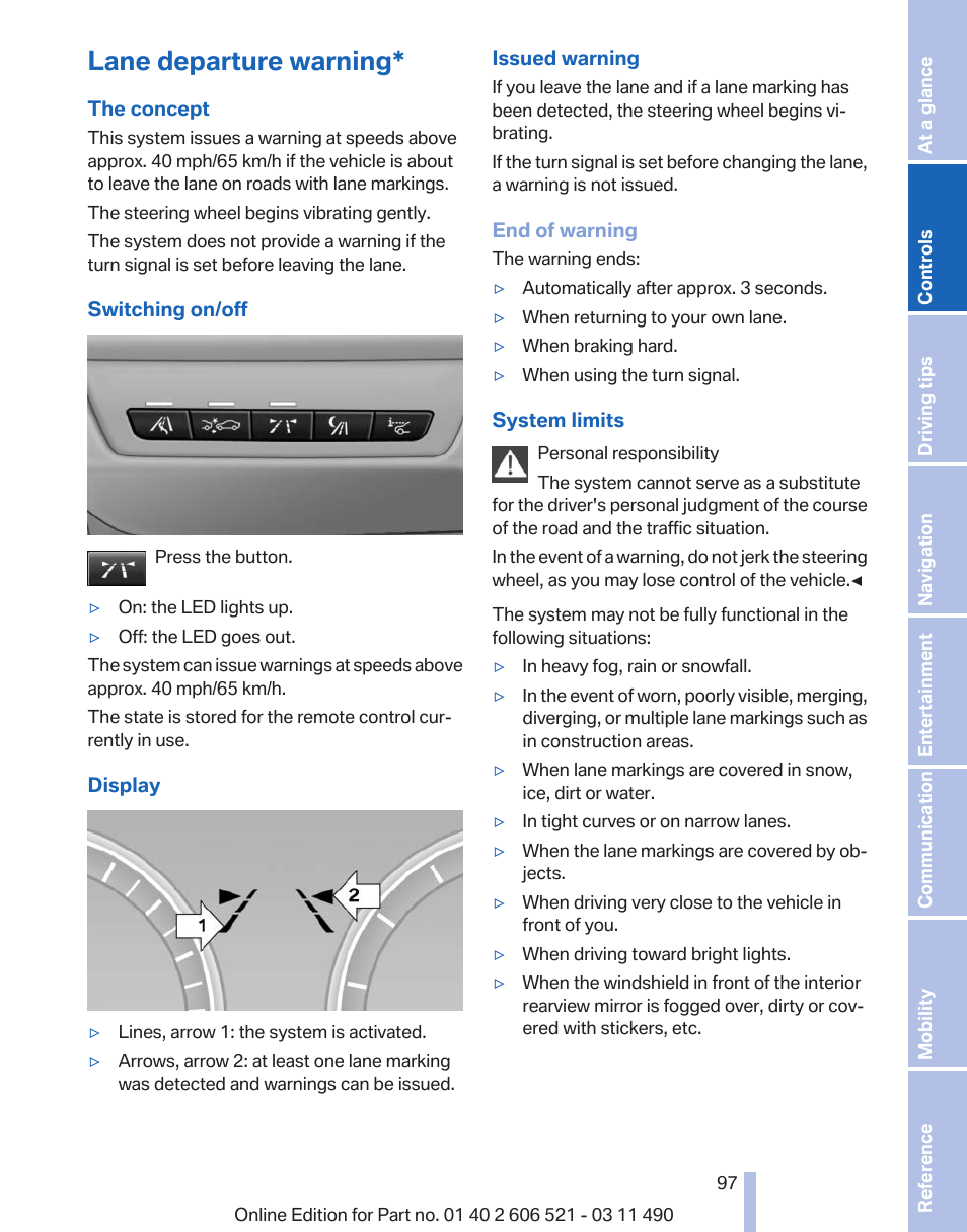 Lane departure warning | BMW 650i xDrive Convertible 2012 User Manual | Page 97 / 282