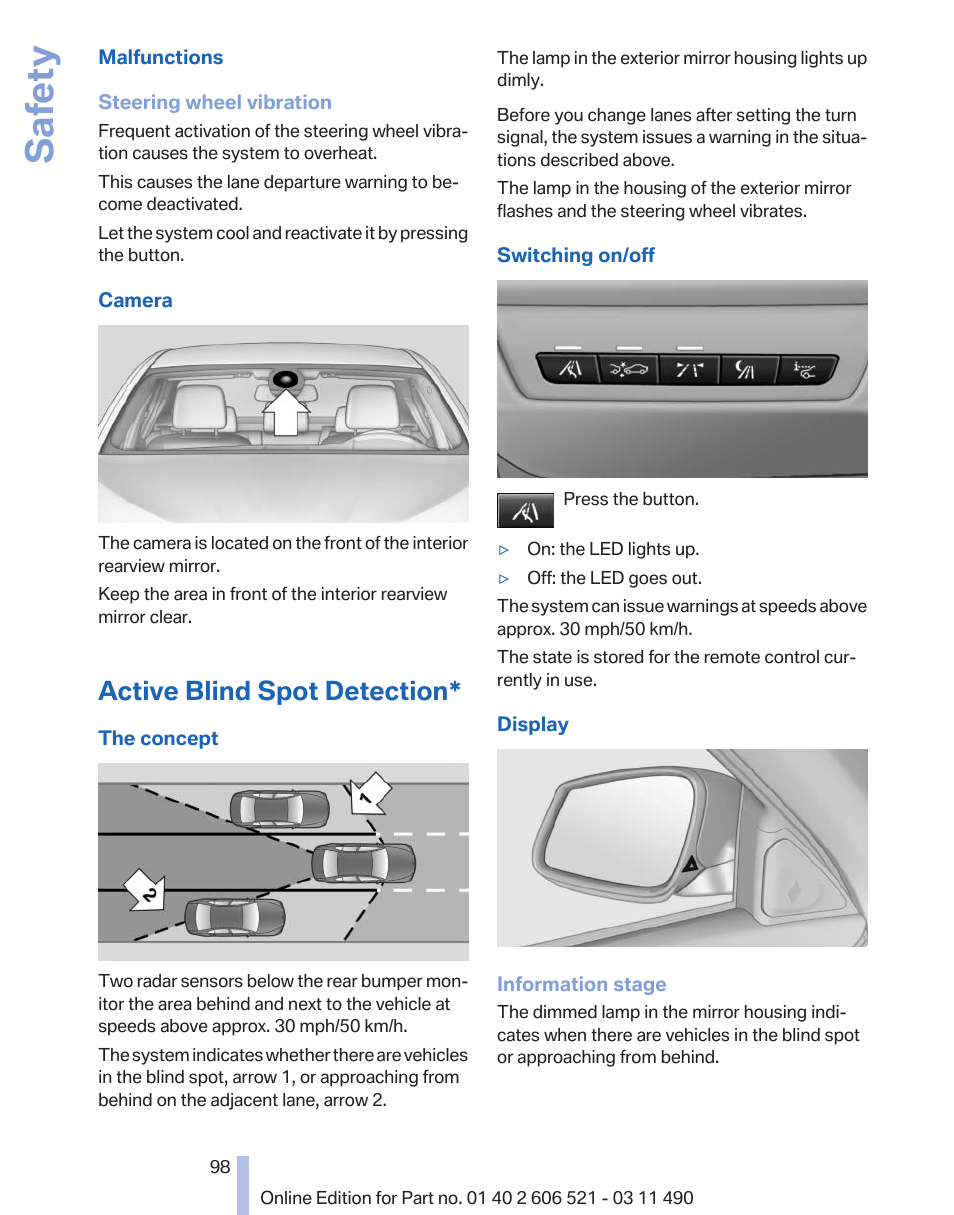 Active blind spot detection, Last setting, on/off, Safety | BMW 650i xDrive Convertible 2012 User Manual | Page 98 / 282