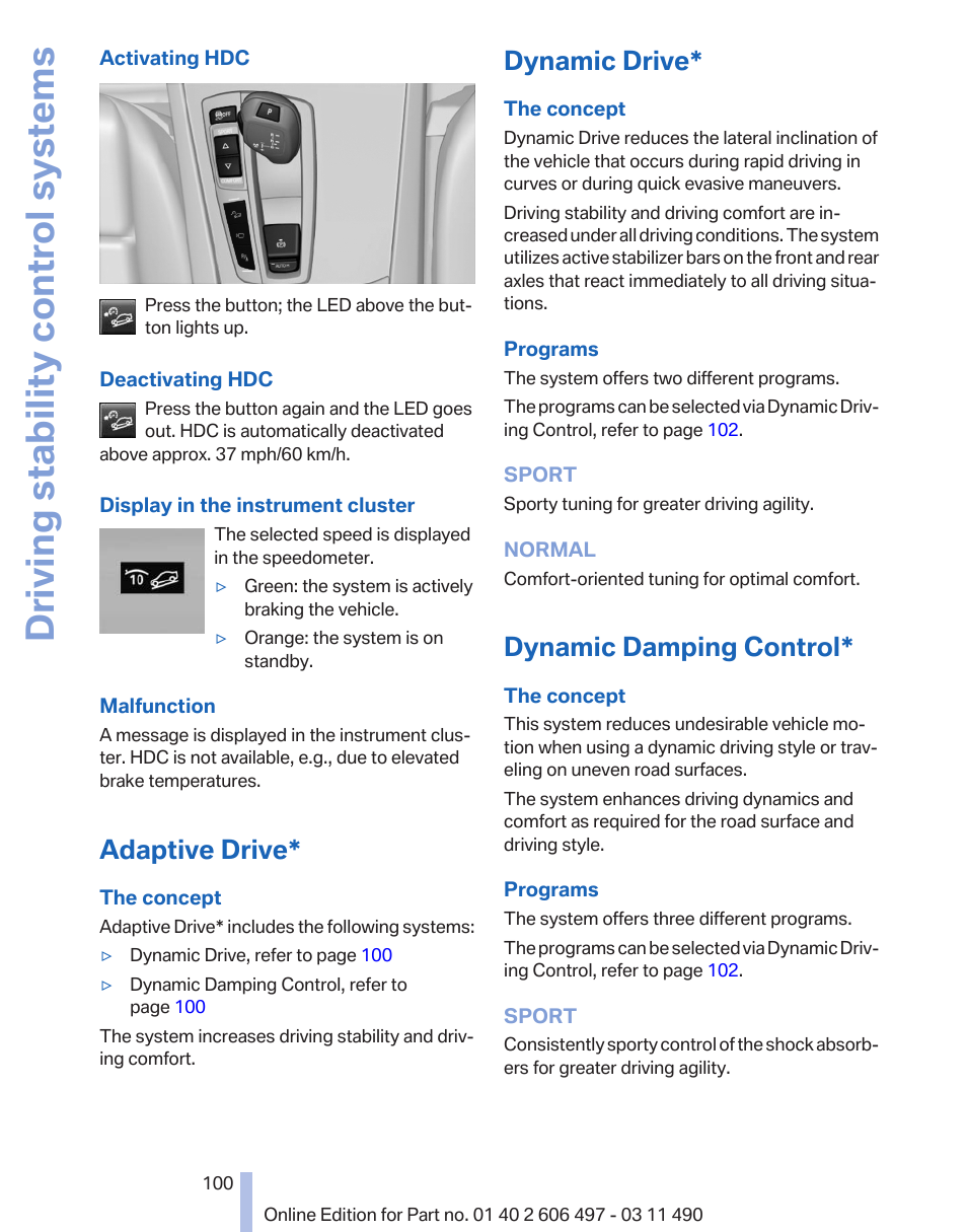 Adaptive drive, Dynamic drive, Dynamic damping control | Driving stability control systems | BMW 760Li Sedan 2012 User Manual | Page 100 / 299