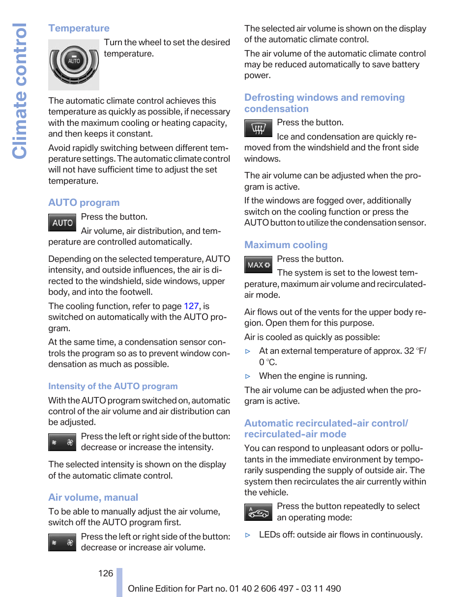 Climate control | BMW 760Li Sedan 2012 User Manual | Page 126 / 299