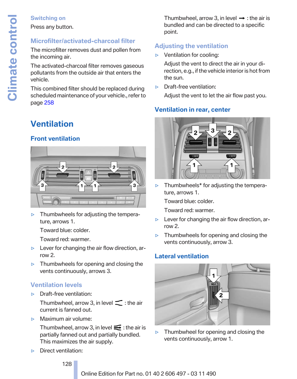 Ventilation, Air vent, Climate control | BMW 760Li Sedan 2012 User Manual | Page 128 / 299