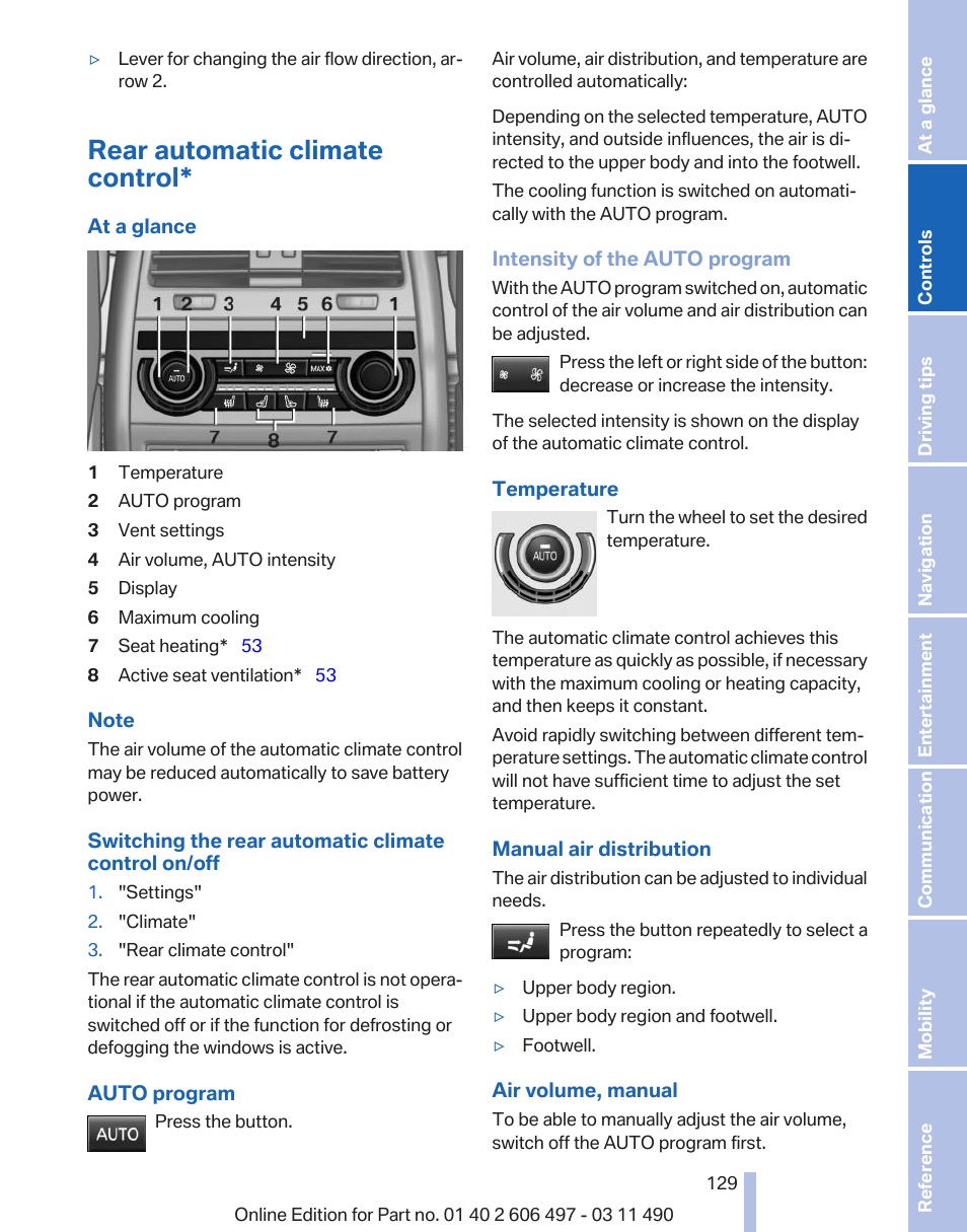 Rear automatic climate control | BMW 760Li Sedan 2012 User Manual | Page 129 / 299