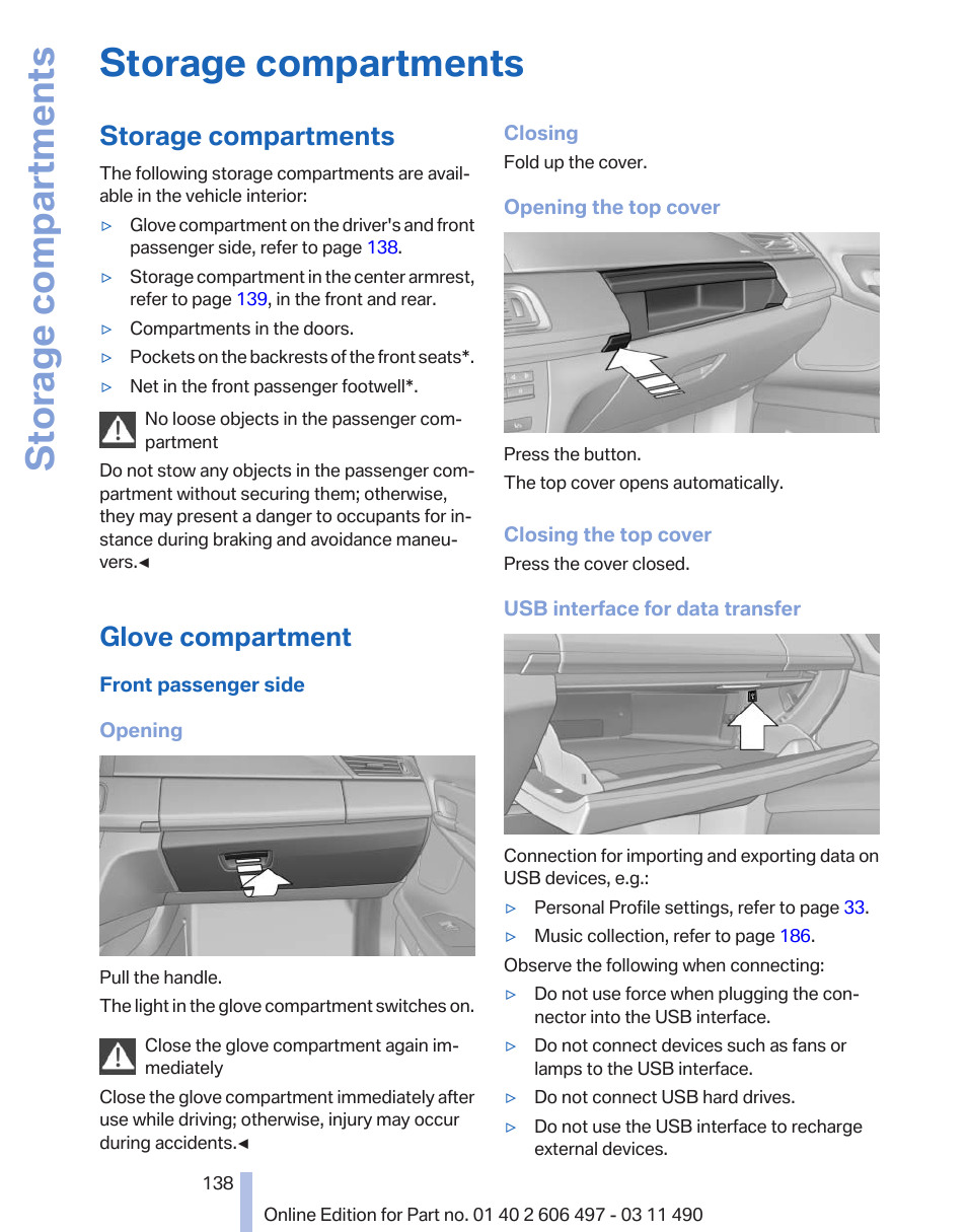 Storage compartments, Glove compartment | BMW 760Li Sedan 2012 User Manual | Page 138 / 299