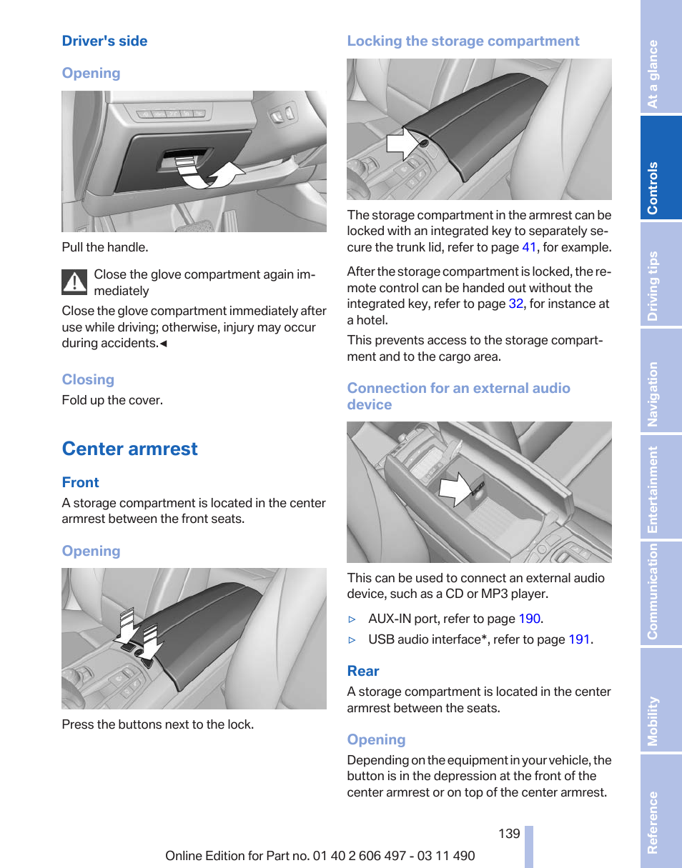 Center armrest, In the front and rear | BMW 760Li Sedan 2012 User Manual | Page 139 / 299