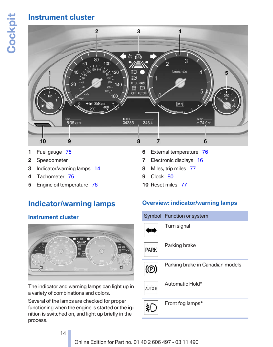 Instrument cluster, Indicator/warning lamps, Cockpit | BMW 760Li Sedan 2012 User Manual | Page 14 / 299