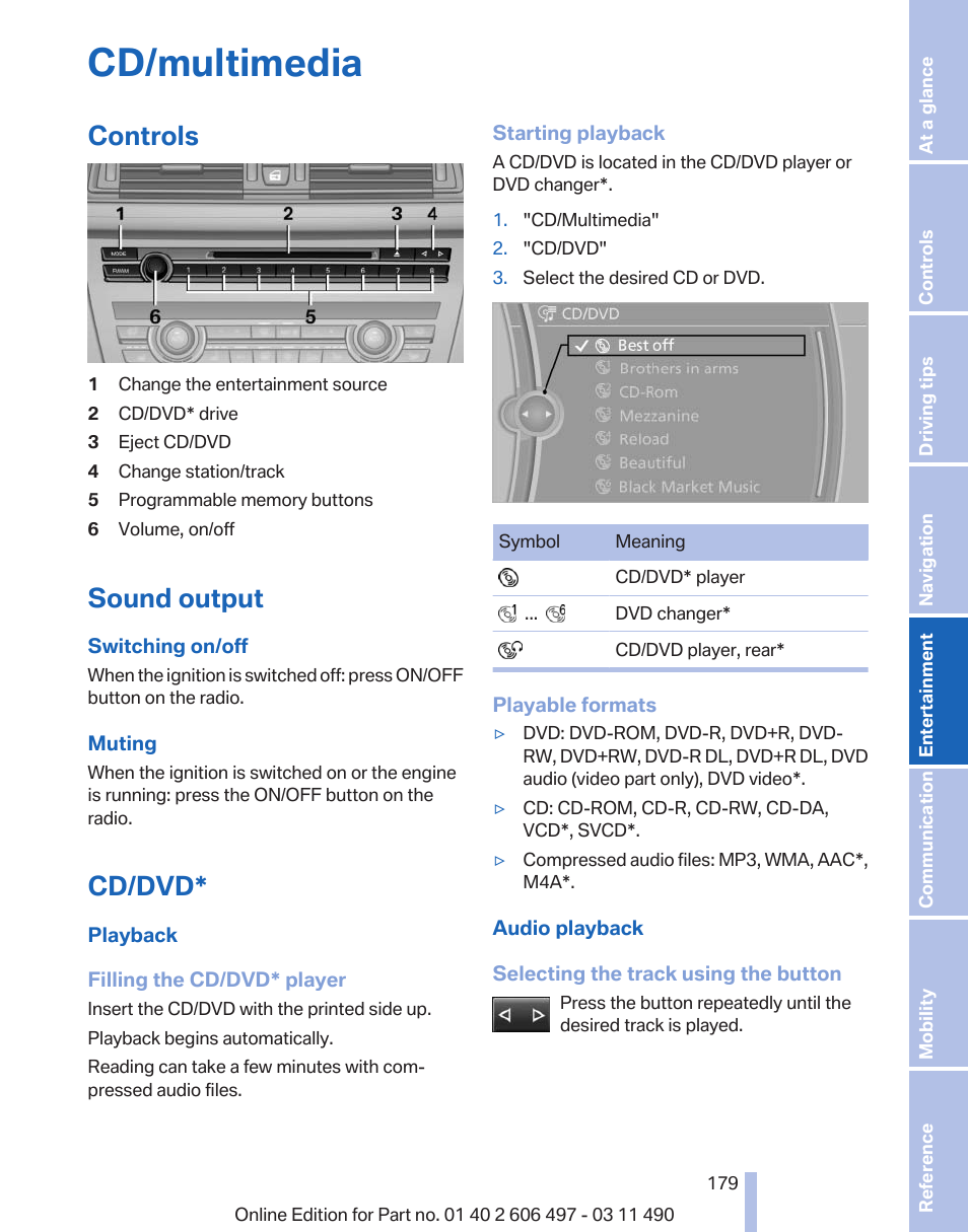 Cd/multimedia, Controls, Sound output | Cd/dvd, Audio | BMW 760Li Sedan 2012 User Manual | Page 179 / 299