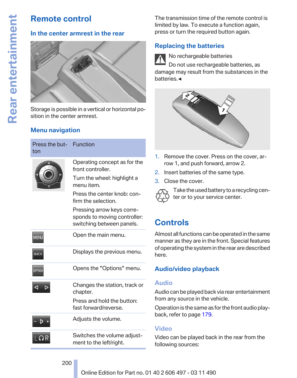 Remote control, Controls, Rear entertainment | BMW 760Li Sedan 2012 User Manual | Page 200 / 299