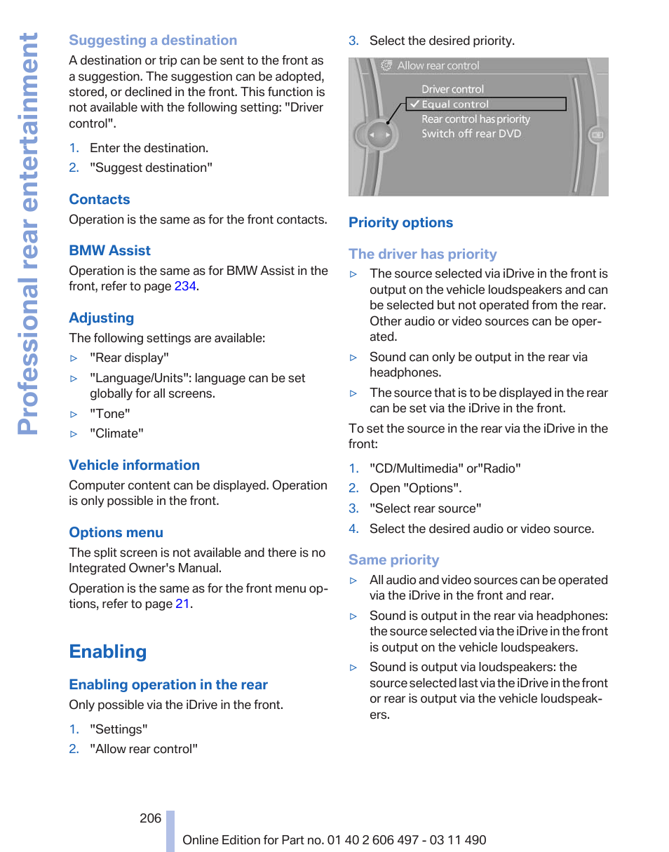 Enabling, Professional rear entertainment | BMW 760Li Sedan 2012 User Manual | Page 206 / 299