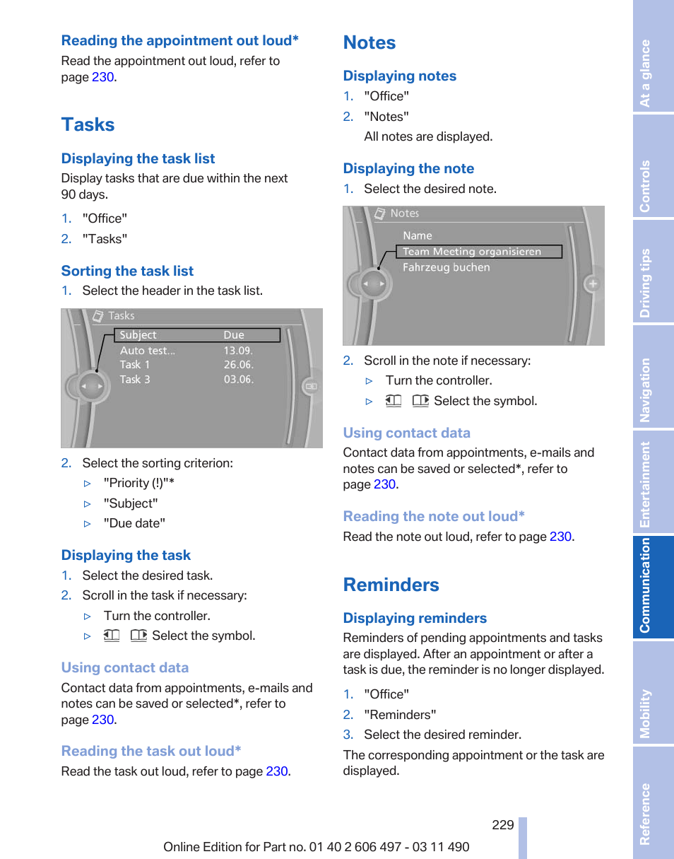 Tasks, Notes, Reminders | BMW 760Li Sedan 2012 User Manual | Page 229 / 299