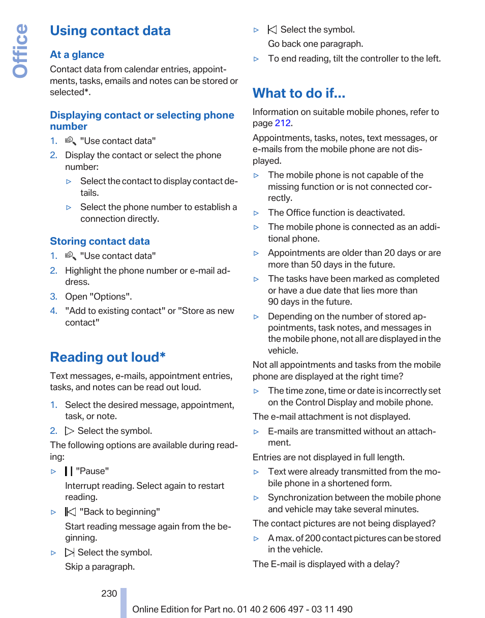 Using contact data, Reading out loud, What to do if | Office | BMW 760Li Sedan 2012 User Manual | Page 230 / 299