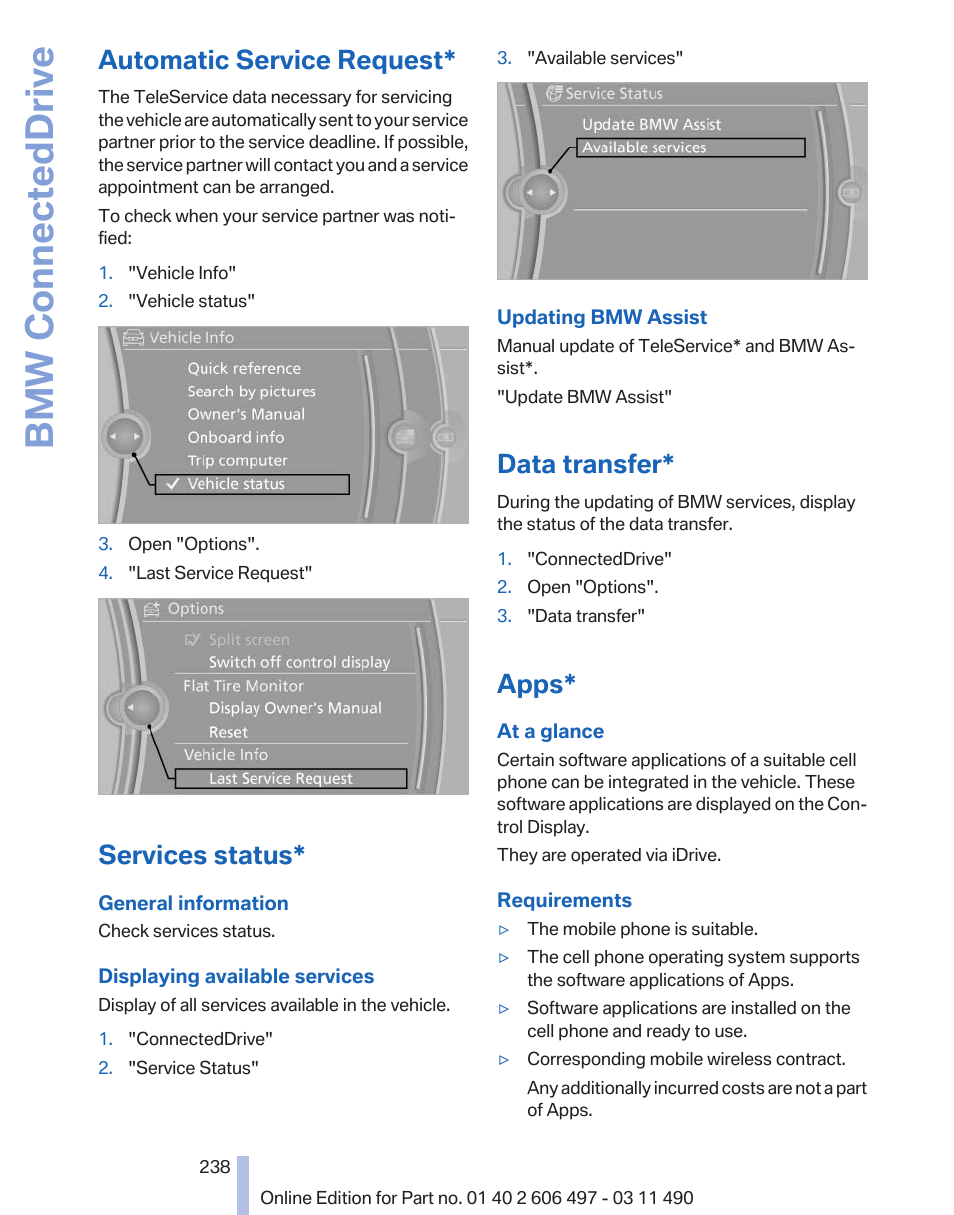 Automatic service request, Services status, Data transfer | Apps, Bmw connecteddrive | BMW 760Li Sedan 2012 User Manual | Page 238 / 299