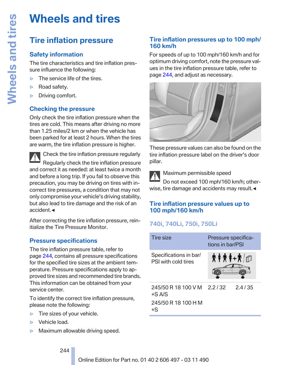 Wheels and tires, Tire inflation pressure | BMW 760Li Sedan 2012 User Manual | Page 244 / 299