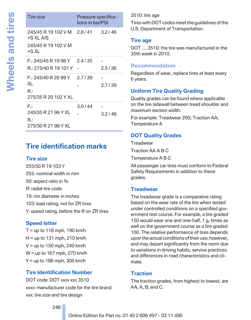 Tire identification marks, Wheels and tires | BMW 760Li Sedan 2012 User Manual | Page 248 / 299