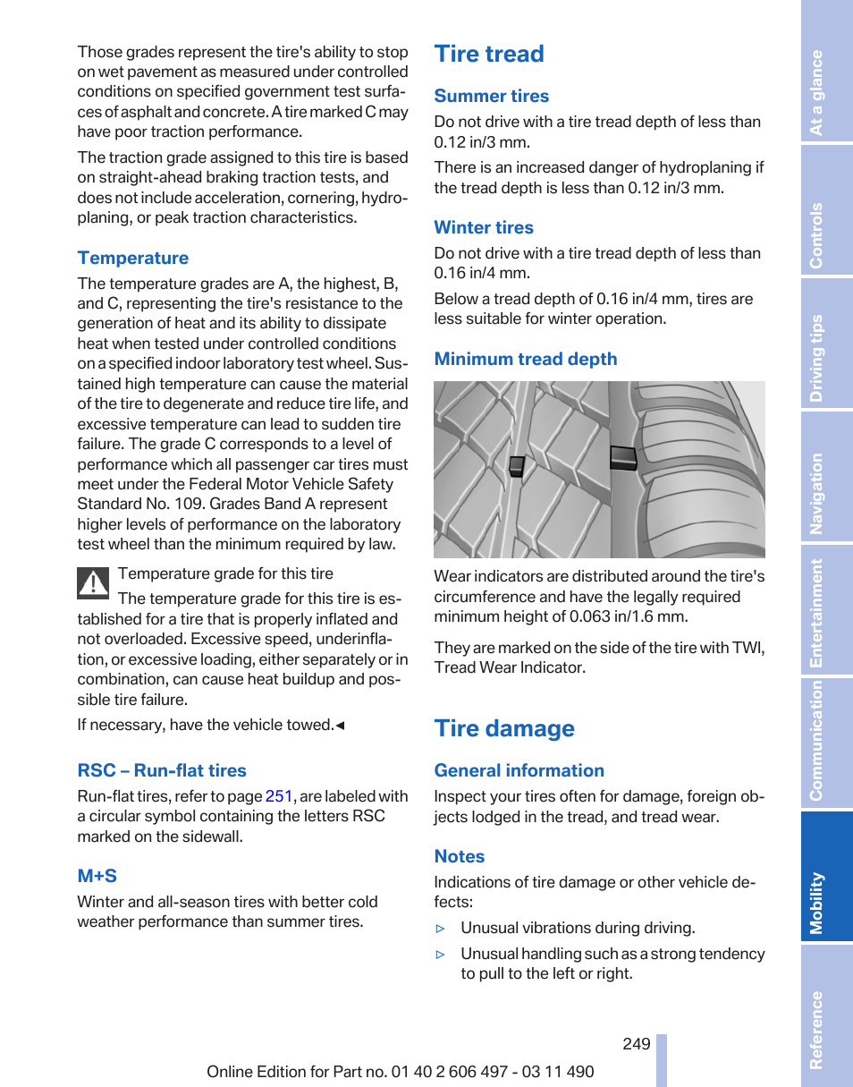 Tire tread, Tire damage | BMW 760Li Sedan 2012 User Manual | Page 249 / 299