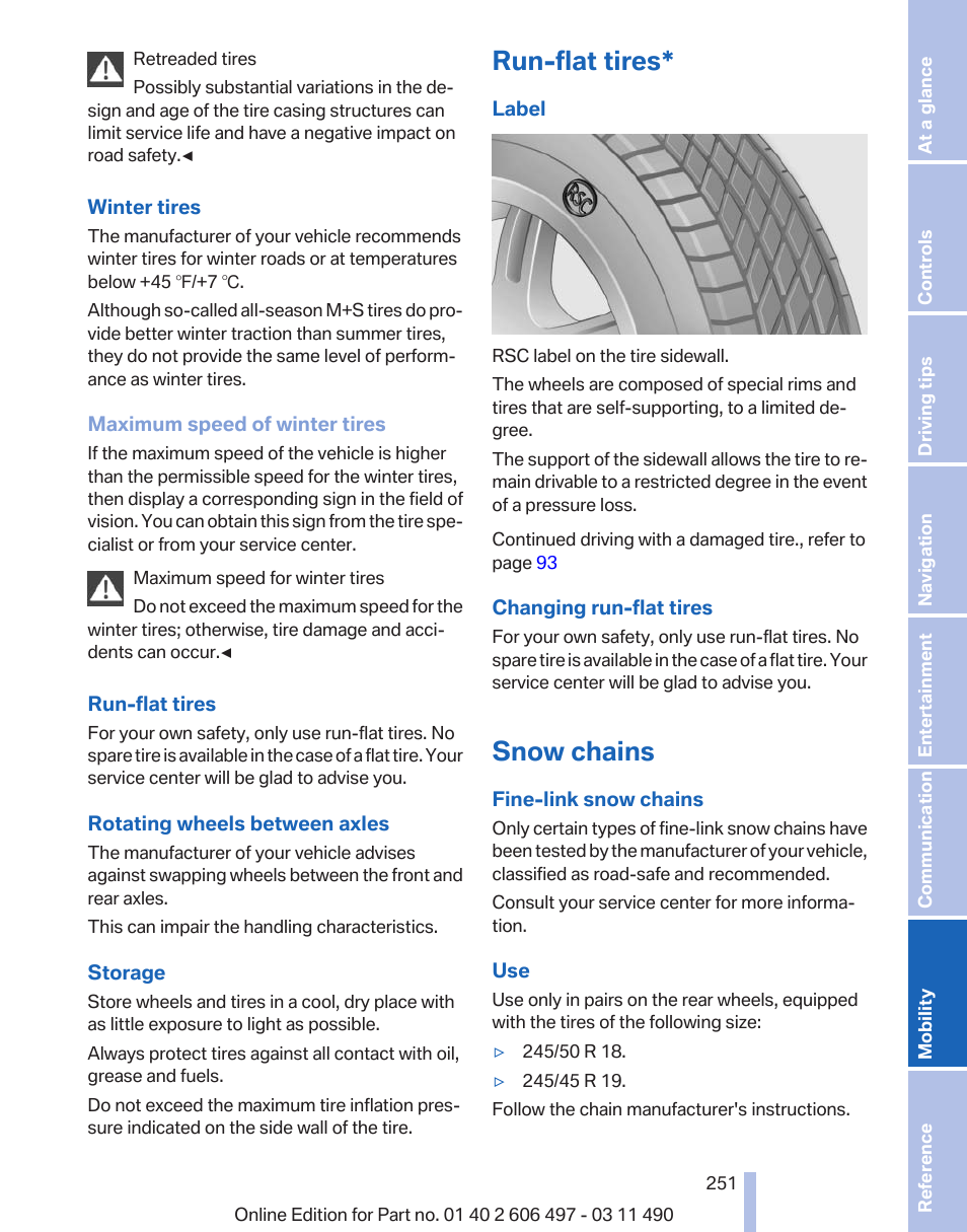 Run-flat tires, Snow chains | BMW 760Li Sedan 2012 User Manual | Page 251 / 299