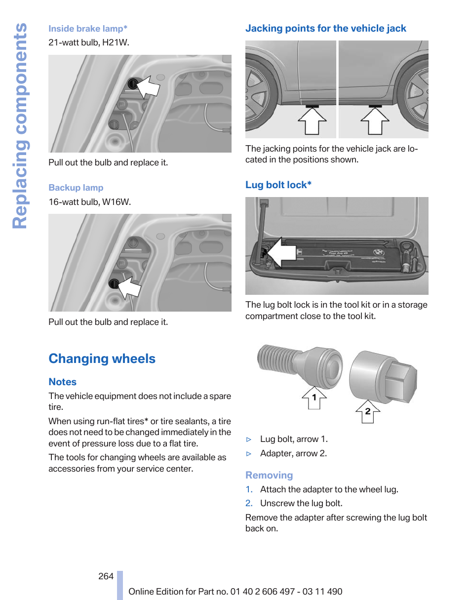 Changing wheels, Replacing components | BMW 760Li Sedan 2012 User Manual | Page 264 / 299