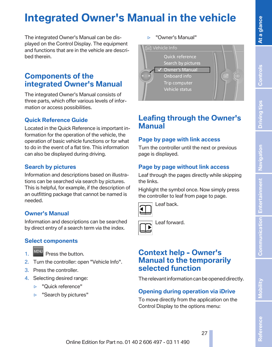 Integrated owner's manual in the vehicle, Components of the integrated owner's manual, Leafing through the owner's manual | BMW 760Li Sedan 2012 User Manual | Page 27 / 299