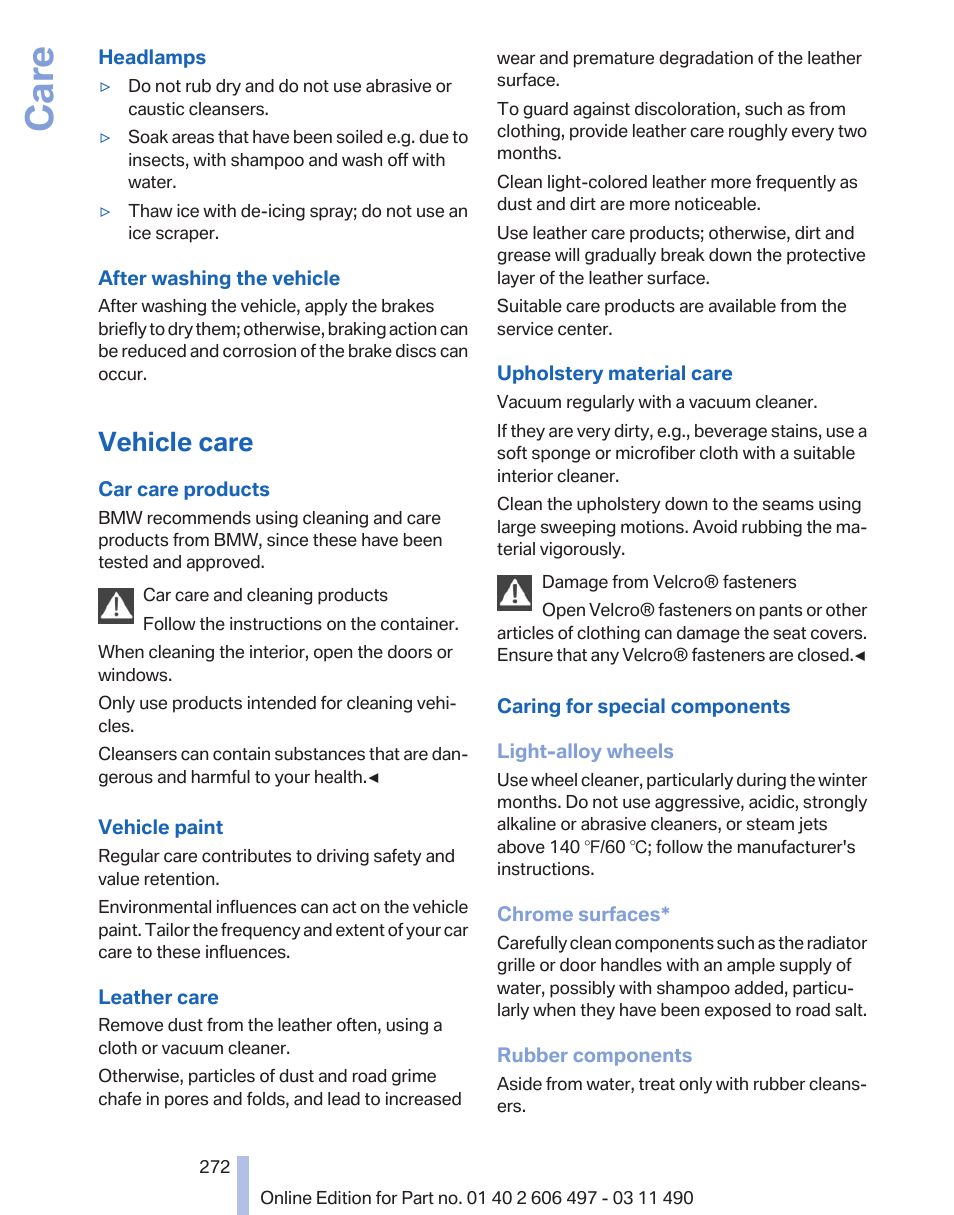 Vehicle care, Care | BMW 760Li Sedan 2012 User Manual | Page 272 / 299