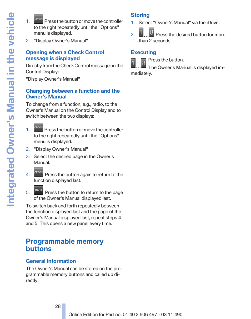 Programmable memory buttons, Integrated owner's manual in the vehicle | BMW 760Li Sedan 2012 User Manual | Page 28 / 299