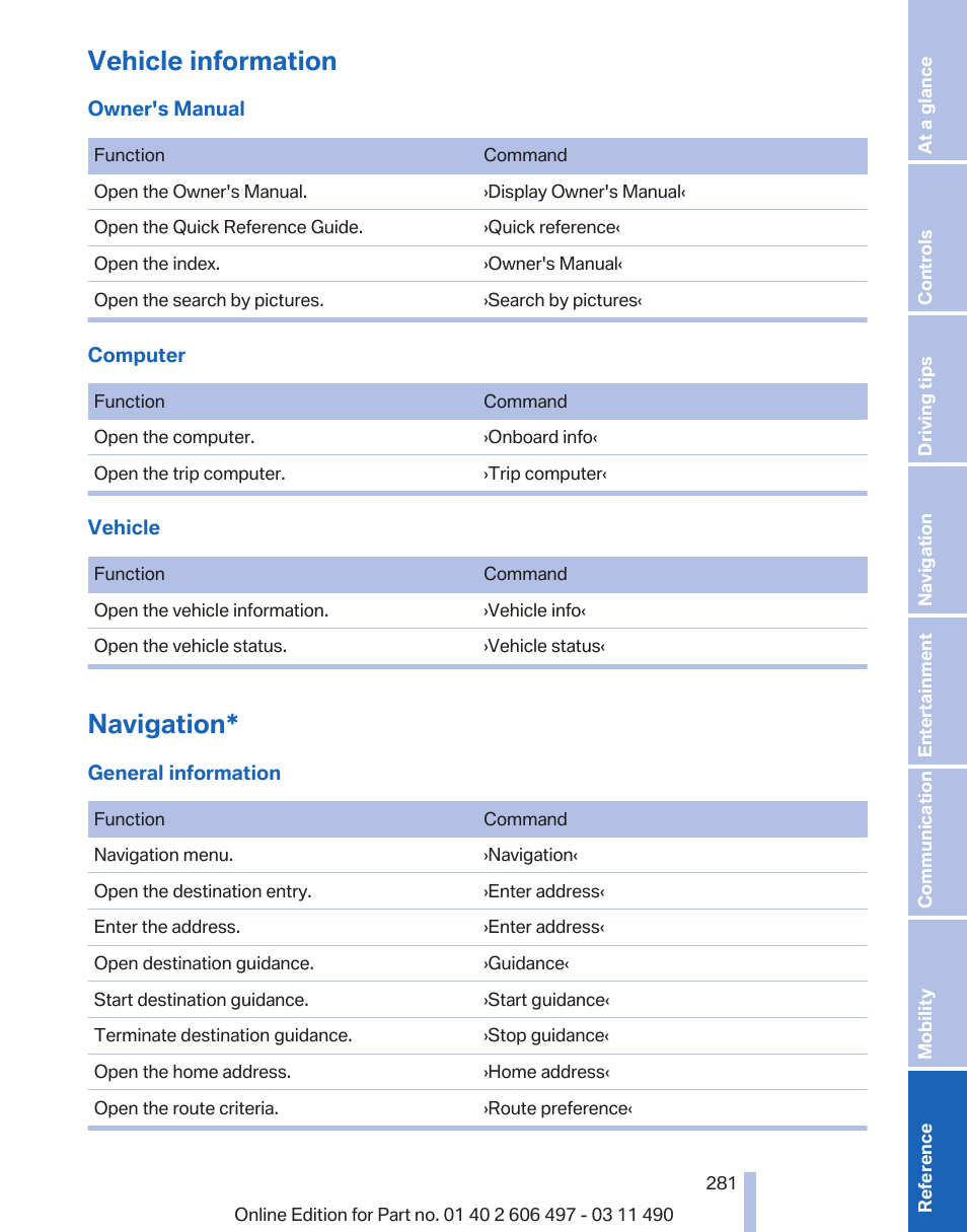 Vehicle information, Navigation | BMW 760Li Sedan 2012 User Manual | Page 281 / 299