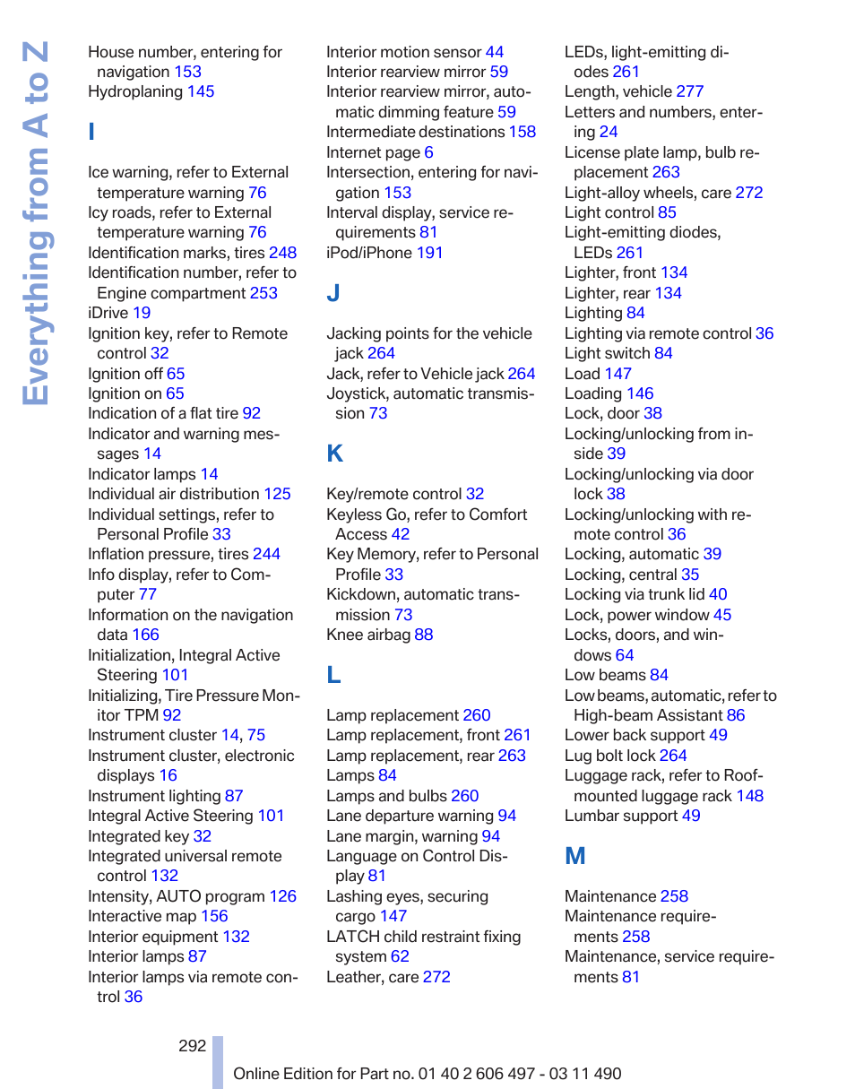 Everything from a to z | BMW 760Li Sedan 2012 User Manual | Page 292 / 299